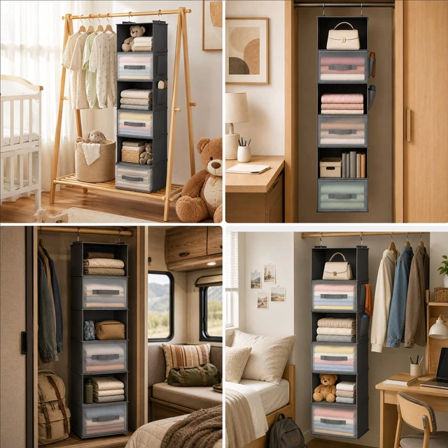 Alt view image 6 of 6 - 6-Shelf Hanging Closet Organizer with 3 Drawers & Side Pockets, Gray | Non-woven fabric, tool-free setup, ideal for bedrooms/dorms/RVs, 3 foldable transparent drawers for easy access