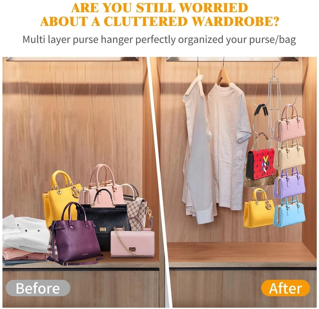 Alt view image 4 of 7 - 1 Pack Purse Organizer for Closet, 4-Tier Hanging Bag Holder, Silver Metal Closet Organization Purse Hanger Backpack Rack Space Saving Hanger