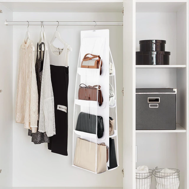 Alt view image 2 of 7 - 8-Pocket Hanging Handbag Purse Organizer for Closet, White | Closet Hanging Handbags Storage Organizer, Clear Wardrobe Closet Space Saving Purse Holder with Metal Hooks