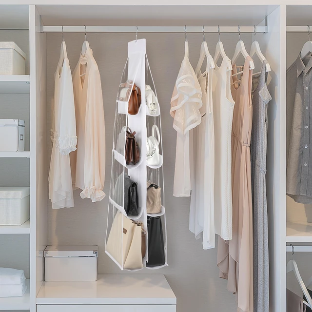 Alt view image 3 of 7 - 8-Pocket Hanging Handbag Purse Organizer for Closet, White | Closet Hanging Handbags Storage Organizer, Clear Wardrobe Closet Space Saving Purse Holder with Metal Hooks