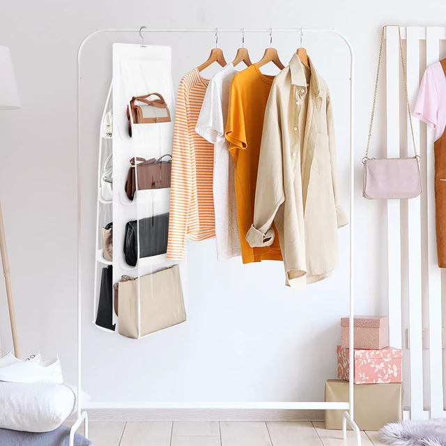 Alt view image 4 of 7 - 8-Pocket Hanging Handbag Purse Organizer for Closet, White | Closet Hanging Handbags Storage Organizer, Clear Wardrobe Closet Space Saving Purse Holder with Metal Hooks
