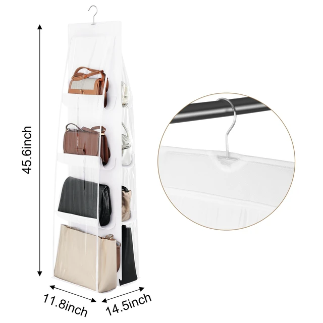 Alt view image 6 of 7 - 8-Pocket Hanging Handbag Purse Organizer for Closet, White | Closet Hanging Handbags Storage Organizer, Clear Wardrobe Closet Space Saving Purse Holder with Metal Hooks