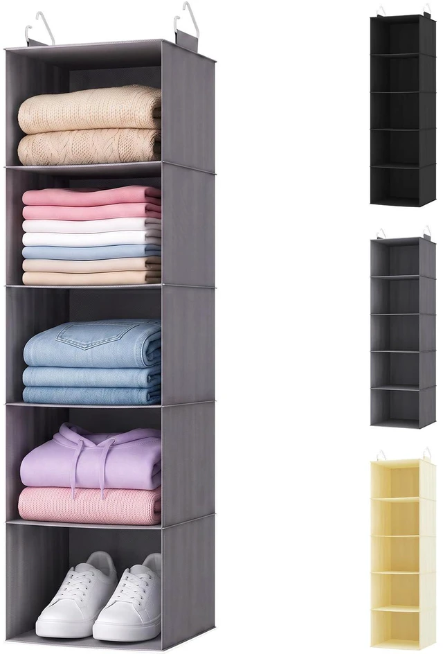 Main image of Hanging Closet Organizer and Storage for Clothes 5 Tier | Portable, Foldable, Fabric, Top of Shelves with 2 Sturdy Hooks, Clothing Organization for Wardrobe, Dorm, Bedroom, Gray