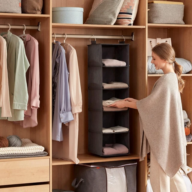 Alt view image 2 of 7 - Hanging Closet Organizer and Storage for Clothes 5 Tier | Portable, Foldable, Fabric, Top of Shelves with 2 Sturdy Hooks, Clothing Organization for Wardrobe, Dorm, Bedroom, Gray