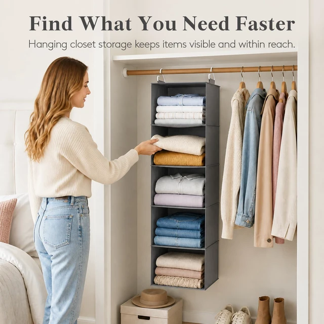 Alt view image 3 of 7 - Hanging Closet Organizer and Storage for Clothes 5 Tier | Portable, Foldable, Fabric, Top of Shelves with 2 Sturdy Hooks, Clothing Organization for Wardrobe, Dorm, Bedroom, Gray
