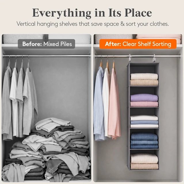 Alt view image 5 of 7 - Hanging Closet Organizer and Storage for Clothes 5 Tier | Portable, Foldable, Fabric, Top of Shelves with 2 Sturdy Hooks, Clothing Organization for Wardrobe, Dorm, Bedroom, Gray