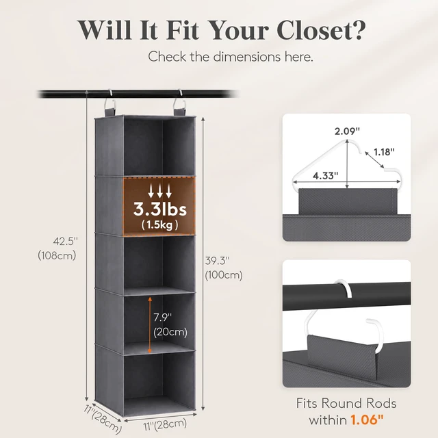 Alt view image 6 of 7 - Hanging Closet Organizer and Storage for Clothes 5 Tier | Portable, Foldable, Fabric, Top of Shelves with 2 Sturdy Hooks, Clothing Organization for Wardrobe, Dorm, Bedroom, Gray