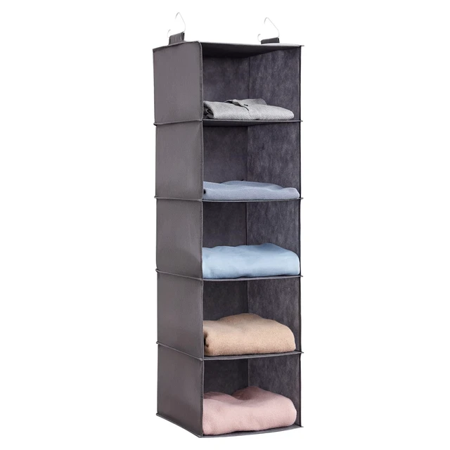 Alt view image 4 of 7 - Hanging Closet Organizer and Storage for Clothes 5 Tier | Portable, Foldable, Fabric, Top of Shelves with 2 Sturdy Hooks, Clothing Organization for Wardrobe, Dorm, Bedroom, Gray