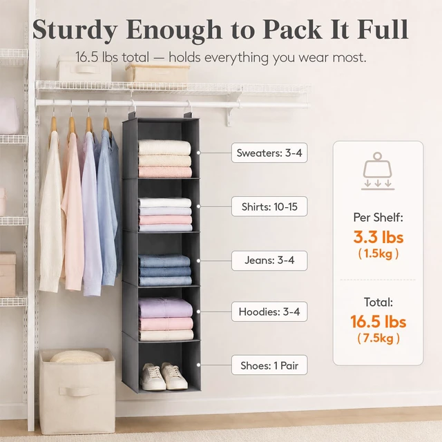 Alt view image 7 of 7 - Hanging Closet Organizer and Storage for Clothes 5 Tier | Portable, Foldable, Fabric, Top of Shelves with 2 Sturdy Hooks, Clothing Organization for Wardrobe, Dorm, Bedroom, Gray
