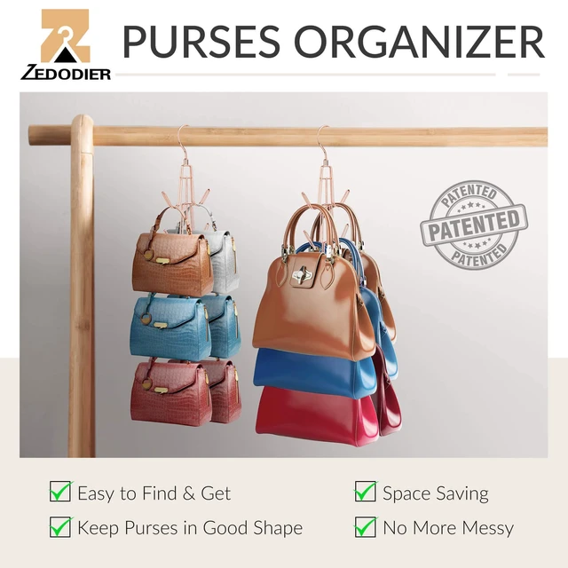 Alt view image 2 of 6 - 2 Pack Purse Hanger, Purse Organizer for Closet, Holds 12 Bags | Metal Hanging 12 Hooks Handbag Holder for Bag Storage, Rotating Design Keeps Purses Visible and Easy to Access, Rose Gold