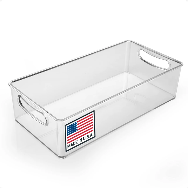 Main image of Clear Refrigerator Organizer Bin with Handles 11 Inch Compact Stackable Fridge and Pantry Storage Container for Snacks, Yogurt, Condiments, Dishwasher Safe, Made in USA