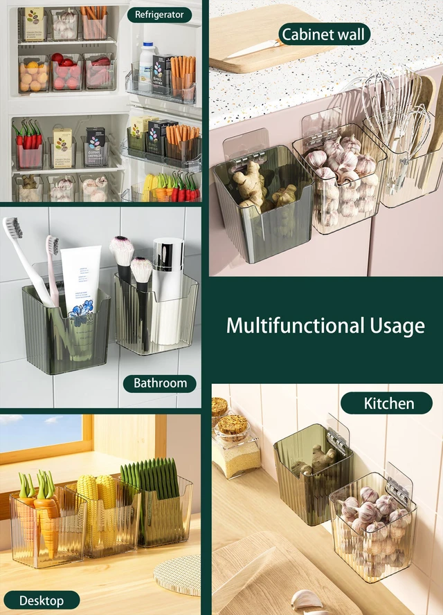 Alt view image 2 of 7 - 2 Pack Adhesive Wall Storage Bins, Cabinet Door Organizer, Clear | 4 Adhesive Pads, No Drill, Renter Friendly, BPA-Free PET, Stackable; for Fridge, Kitchen, Bathroom, Countertops, Pantry
