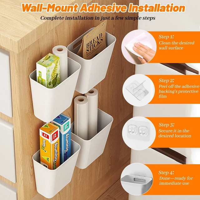 Alt view image 4 of 7 - 4 Pack Kitchen Cabinet Door Storage Box, Self Adhesive Wall Mounted Storage Organizer Bins, Stackable Organizer Basket for Kitchen, Bathroom, Office, Refrigerator Small Items Organizer (White)