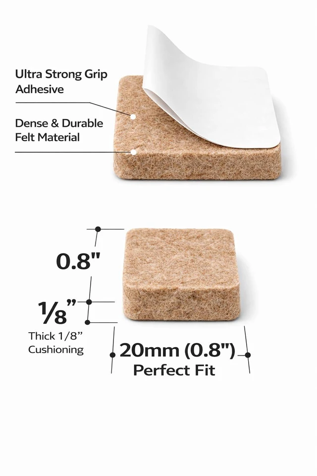 Alt view image 3 of 7 - Felt Furniture Pads Corlevito 50 PCS (0.8") Chair Leg Floor Protectors for Hardwood Floors, Strong Adhesive Anti Scratch Felt Pads for Furniture, Noise Reducing Furniture Pads (Brown, Square)