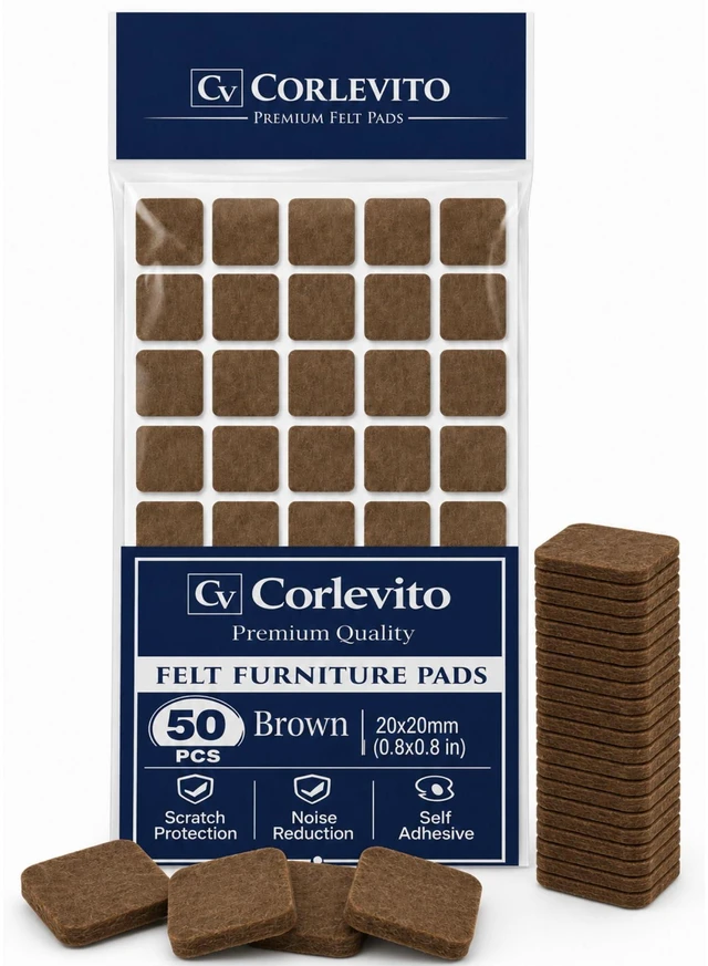 Main image of Felt Furniture Pads Corlevito 50 PCS (0.8") Chair Leg Floor Protectors for Hardwood Floors, Strong Adhesive Anti Scratch Felt Pads for Furniture, Noise Reducing Furniture Pads (Brown, Square)