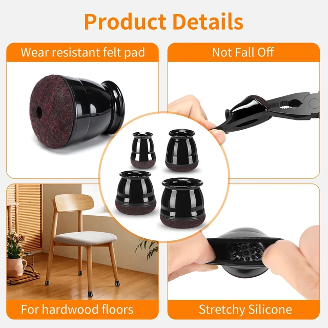Alt view image 6 of 6 - 16 Pack Round Chair Leg Floor Protectors for Hardwood Floors | Furniture Feet Silicone Covers & Rubber Caps, Felt Pads Protect Wood Floor Scratch & Anti Noise (Fit 1/2"~3/4", 14~19mm)