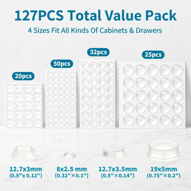 Alt view image 4 of 7 - Cabinet Bumpers Clear, 127Pcs 4 Shapes, Self Adhesive Silicone Pads | Sound Dampening, Anti-Slam Pads, Ideal for Cabinets, Doors, Drawers, Cutting Boards, Furniture & Wall Protection