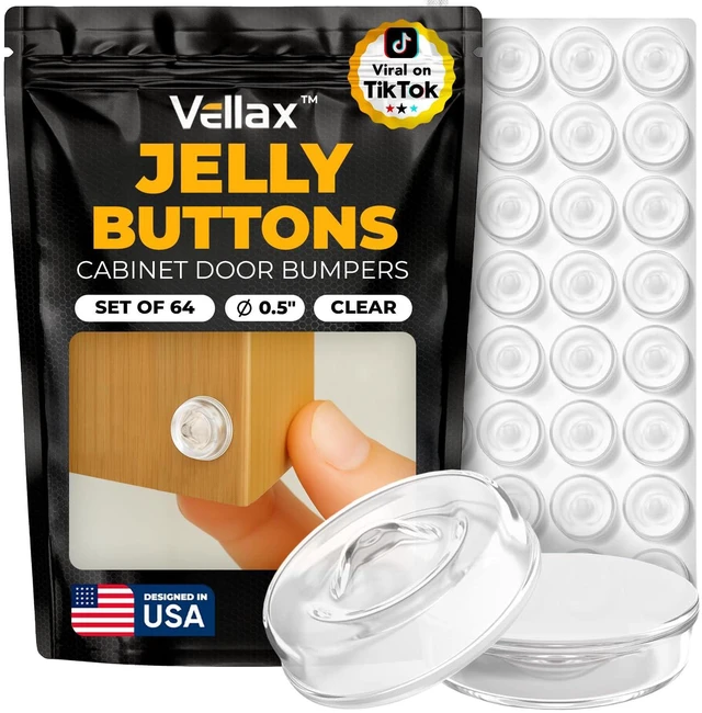 Main image of 64-Pack Clear Silicone Cabinet Bumpers, Self Adhesive Sticky Pads | 64 clear silicone bumpers absorb shock, dampen noise & protect surfaces - sticky, durable & easy to apply anywhere.
