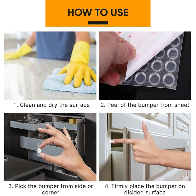 Alt view image 7 of 7 - 64-Pack Clear Silicone Cabinet Bumpers, Self Adhesive Sticky Pads | 64 clear silicone bumpers absorb shock, dampen noise & protect surfaces - sticky, durable & easy to apply anywhere.