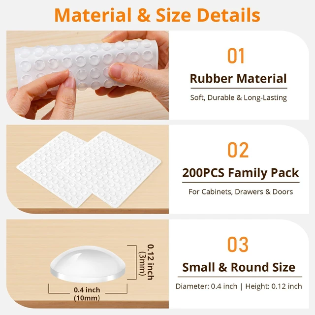 Alt view image 2 of 6 - 200 PCS Clear Cabinet Door Bumpers, 3/8 Inch Round Rubber Pads | Self Adhesive Silicone Stoppers for Drawers, Quiet Soft Close Cushion Protection for Kitchen Furniture, Glass & Cupboards