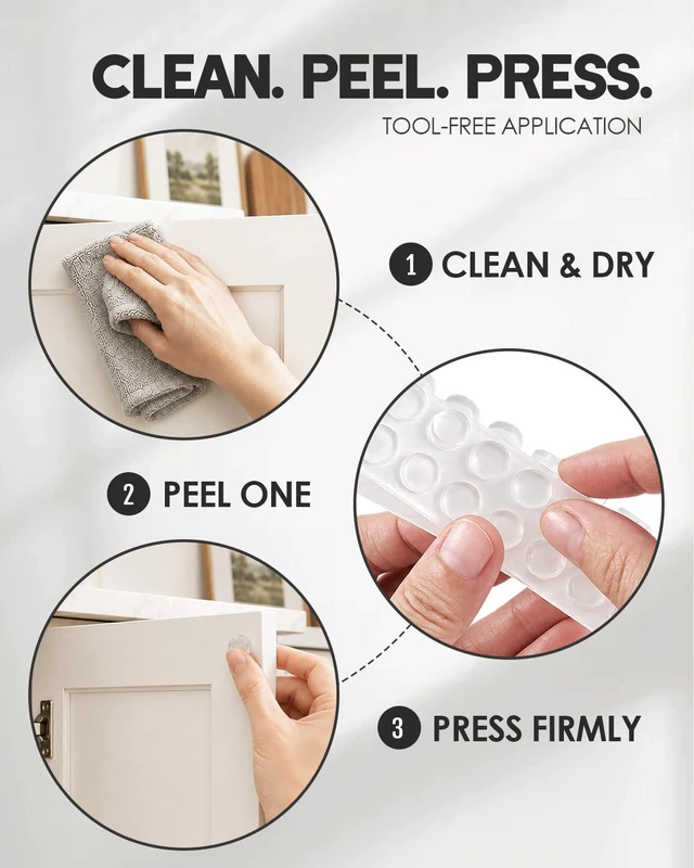 Alt view image 6 of 7 - ® 240PCS Clear Cabinet Door Bumpers, Self Adhesive Rubber Pads | 3/8" Diameter Clear Rubber Bumper Dots Help Cushion Contact & Reduce Closing Noise for Cabinets, Drawers, Furniture & Frames