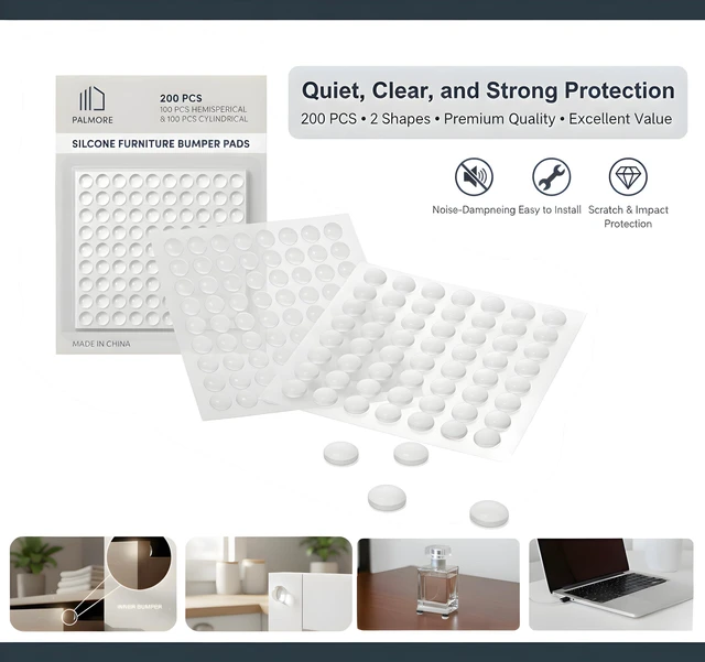 Alt view image 2 of 7 - Cabinet Door Bumpers 200PCS - Clear 3M Adhesive Silicone Pads (100 Spherical + 100 Cylindrical), Soft Close Sound Dampening Bumpers, 8mm x 3mm, for Cabinets, Drawers, Furniture & Glass