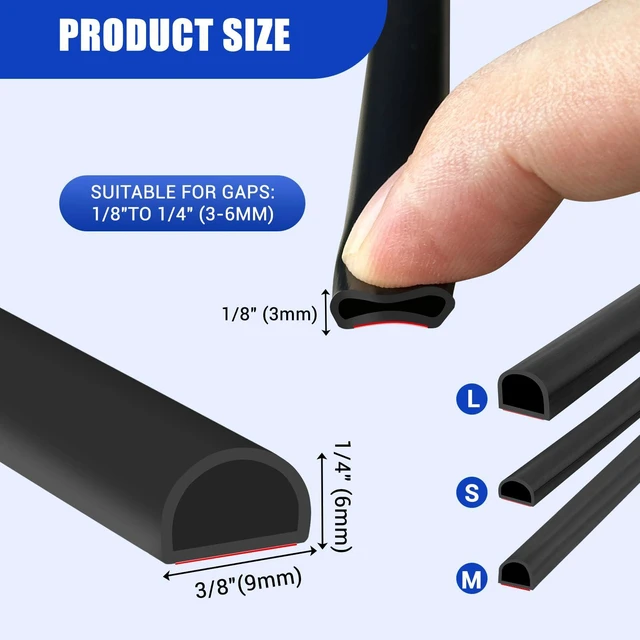 Alt view image 2 of 7 - Weather Stripping Door Seal, 20Ft, Black (3/8" W × 1/4" T) | Self Adhesive Weather Strip Silicone D Shaped Door Seal Strip for Door Frame/Window Seal
