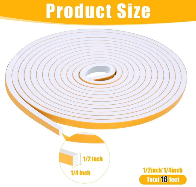 Alt view image 2 of 7 - 16Feet Weather Stripping Seal (1/2 Inch X 1/4 Inch) for Door Window, High Density Foam Tape, Soundproofing, Insulation Strip, Door Sealers for Door Frame- White