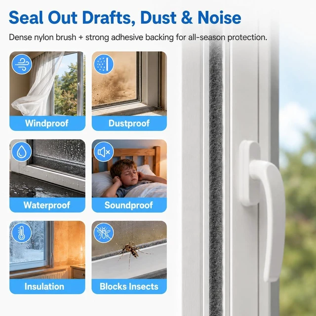 Alt view image 3 of 7 - 20FT Brush Weather Stripping, Self-Adhesive Pile Door Seal Strip for Sliding Doors and Windows, Felt Weatherstrip Draft Stopper, Soundproof Dustproof Window Gap Seal, Gray