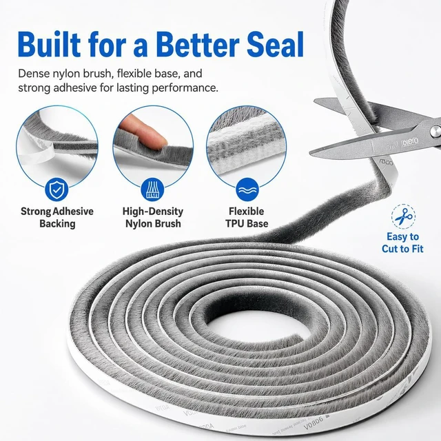 Alt view image 2 of 7 - 20FT Brush Weather Stripping, Self-Adhesive Pile Door Seal Strip for Sliding Doors and Windows, Felt Weatherstrip Draft Stopper, Soundproof Dustproof Window Gap Seal, Gray