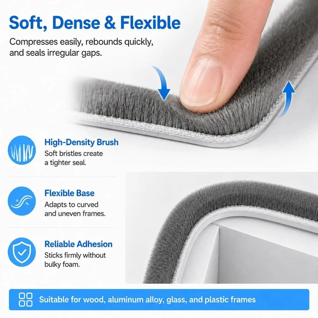 Alt view image 4 of 7 - 20FT Brush Weather Stripping, Self-Adhesive Pile Door Seal Strip for Sliding Doors and Windows, Felt Weatherstrip Draft Stopper, Soundproof Dustproof Window Gap Seal, Gray