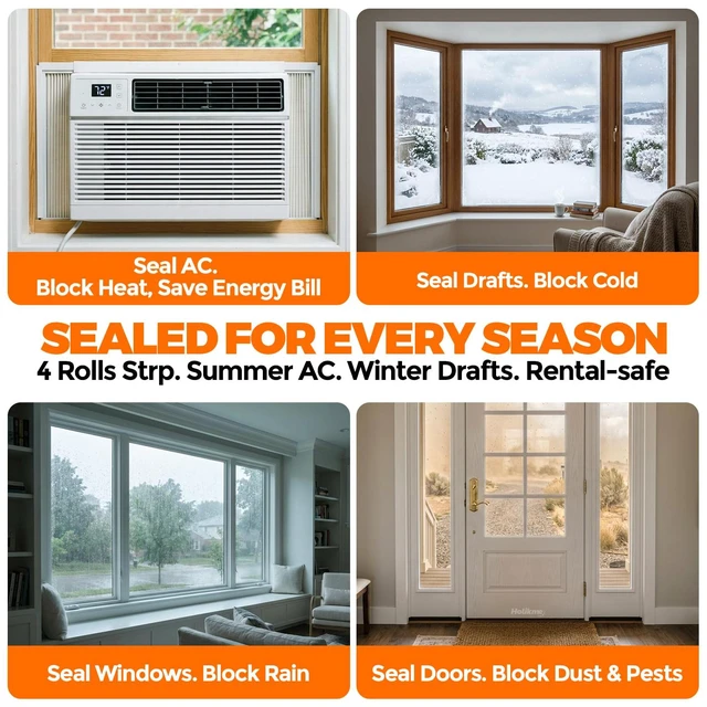 Alt view image 7 of 7 - 65FT Weather Stripping Door Seal Draft Stopper Window Seal | 4Pack Draft Blocker for Doors, Windows, Shower Glass - Strong Adhesive, Draft Seal Strip, Transparent
