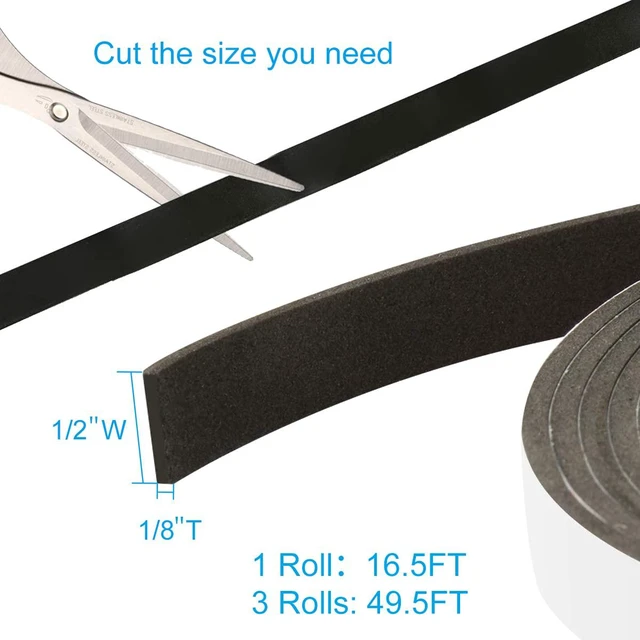 Alt view image 2 of 6 - Seal Foam Tape,1/2 Inch W x 1/8 Inch T Weather Stripping for Door and Window,High Density Single Sided Closed Cell Door Insulation Weather Strip, 3 Rolls Total 50FT Black