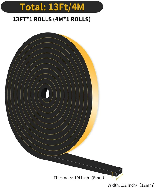 Alt view image 2 of 7 - Weather Stripping Door Seal,High Density CR,1/2 in x 1/4 in x 13Ft | Weather Stripping,Soundproof,Cold Insulation,Foam Insulation Tape for Door,Front Door Frame,Windows,Sliding Door,Black