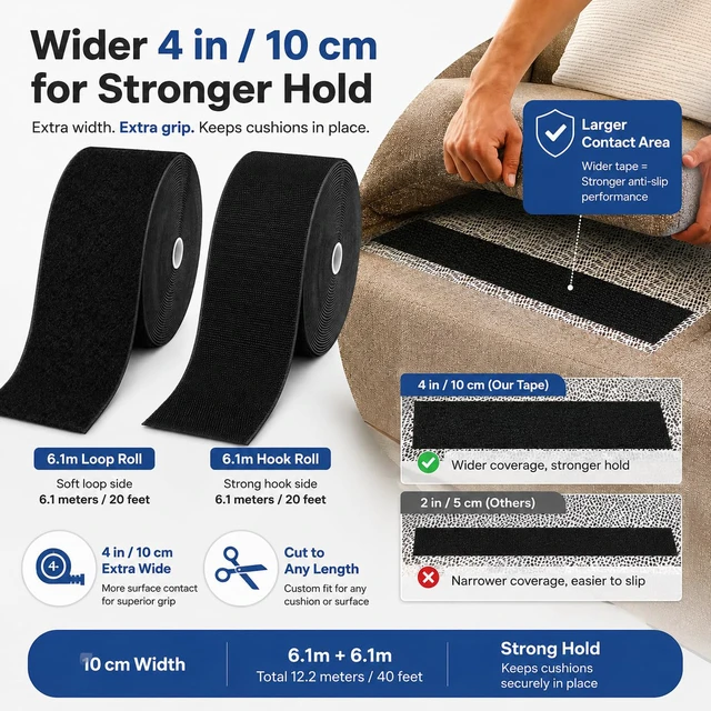 Alt view image 2 of 7 - 4''x 20Ft Heavy Duty Hook and Loop Tape, Keep Couch Cushions from Sliding | Self adhesive, strong grip, rug gripper tape & pads, furniture stopper, non slip, sofa cushion holder, 4in wide x 20 ft long
