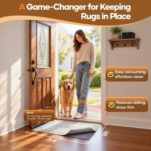 Alt view image 2 of 7 - Non Slip Cushioned Rug Pad Gripper, Felt and Silicone Backing, Carpet Liner Protector Mat for Area Rugs and Hardwood Floors, Keep Rugs Safe and in Place, 2 x 3 Ft 1/8 inch Thick