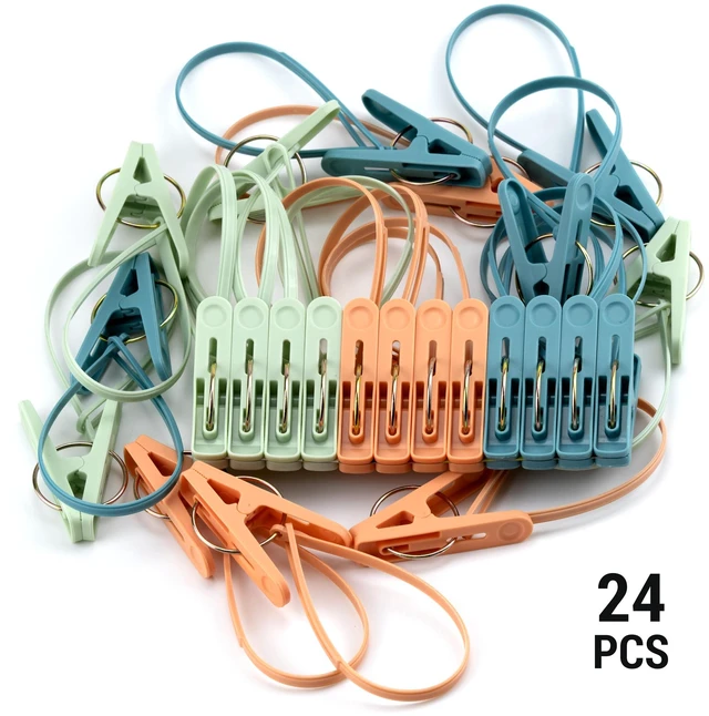 Alt view image 2 of 7 - 24 Pack Clothes Pins Clothes Peg Clip Pins with Plastic Rope for Clothesline Multicolor Drying Clothing Clips Hooks Windproof Clothes Hanger for Hanging Socks Hats Pants Bras Underwears Towel Photo