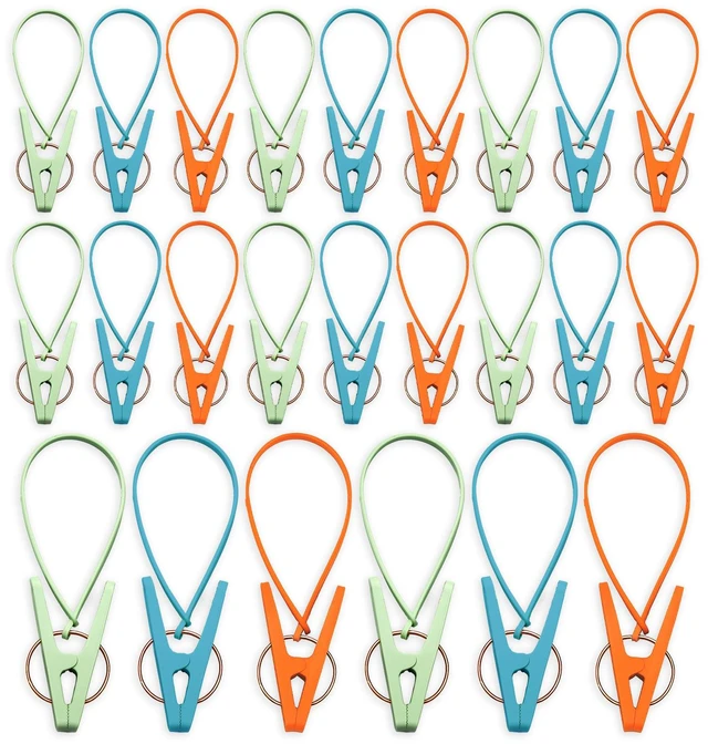 Main image of 24 Pack Plastic Clothes Pins with Rope, Mini Clothesline Clips Multicolor Windproof Drying Clothing Pegs for Hanging Socks Hats Pants Bras Underwears Towel Photo Crafts