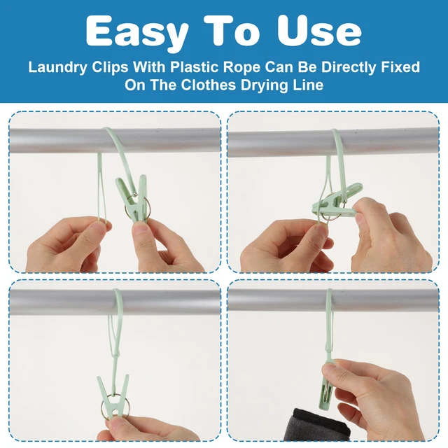 Alt view image 4 of 7 - 24 Pack Plastic Clothes Pins with Rope, Mini Clothesline Clips Multicolor Windproof Drying Clothing Pegs for Hanging Socks Hats Pants Bras Underwears Towel Photo Crafts