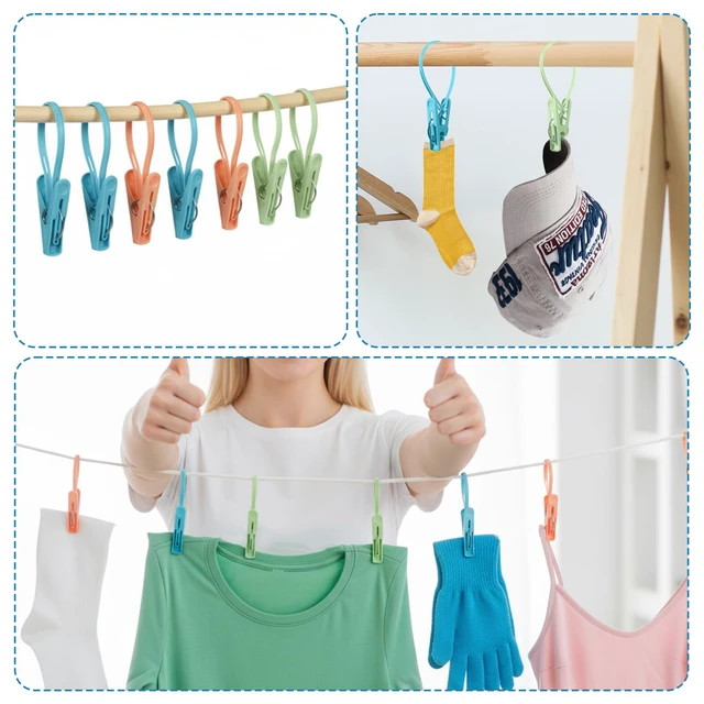 Alt view image 7 of 7 - 24 Pack Plastic Clothes Pins with Rope, Mini Clothesline Clips Multicolor Windproof Drying Clothing Pegs for Hanging Socks Hats Pants Bras Underwears Towel Photo Crafts