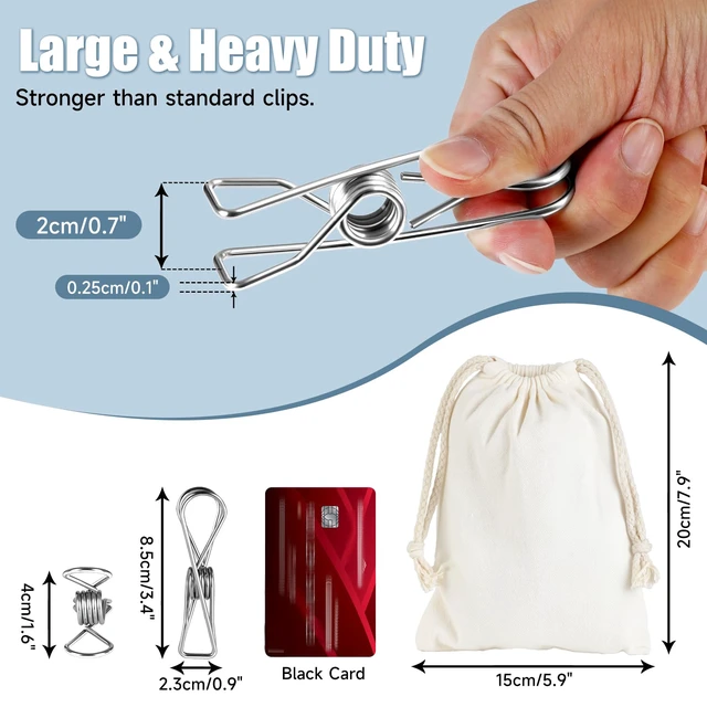 Alt view image 2 of 7 - Large Metal Clothes Pins Heavy Duty (20 Pack), 3.4 Stainless Steel Wire Clothespins Outdoor Indoor with Storage Bag, Thick 2.5 mm Rust-Proof Laundry Clips, Strong Clothespin & Metal Bag Clips