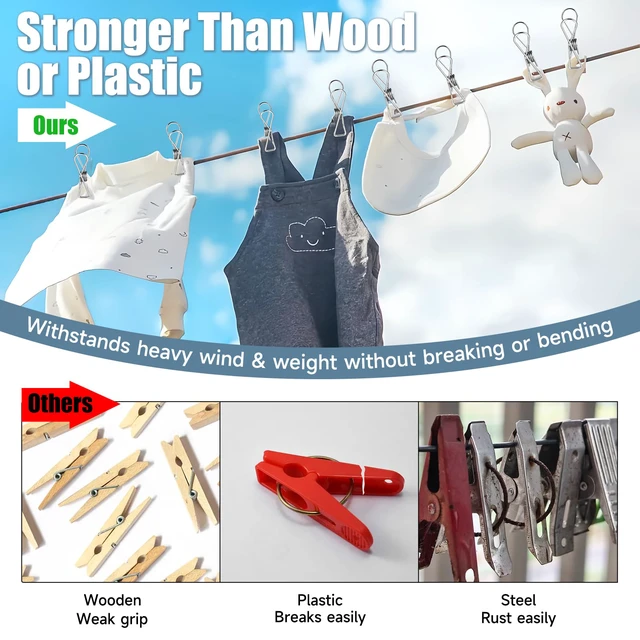 Alt view image 3 of 7 - Large Metal Clothes Pins Heavy Duty (20 Pack), 3.4 Stainless Steel Wire Clothespins Outdoor Indoor with Storage Bag, Thick 2.5 mm Rust-Proof Laundry Clips, Strong Clothespin & Metal Bag Clips