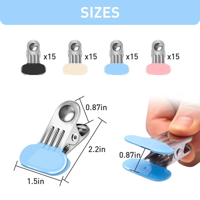 Alt view image 3 of 7 - Stainless Steel Clothes Pins, 60 Pack, 4 Assorted Colors | Rubber Coated No Mark, Windproof Metal, For Clothesline, Food Sealing, Photos, Home Organizing