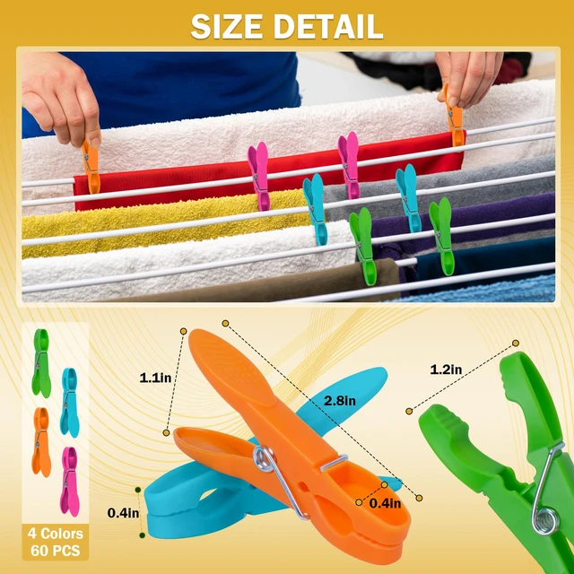 Alt view image 5 of 7 - 60 Pack Clothes Pins, Colored Plastic Clothespins, Strong Grip Laundry Clips, Non-Slip Washing Line Clips for Hanging Indoor & Outdoor Use, Durable and Lightweight