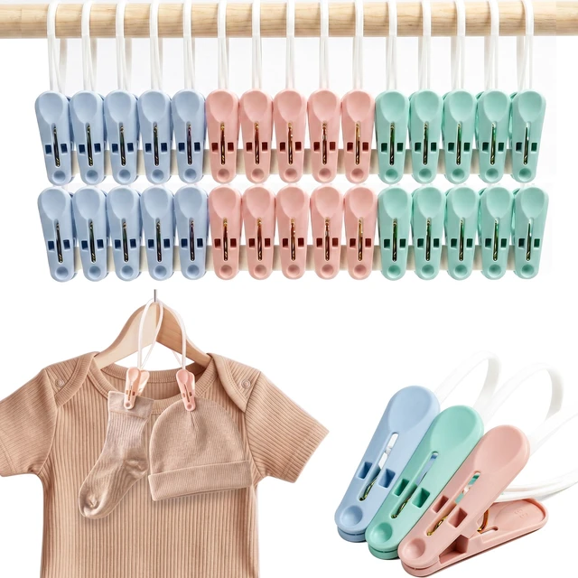 Main image of Windproof Clothes Pins with Hanging Ropes, Heavy Duty Plastic Laundry Clips for Clothesline Drying, Multi-Purpose Closet Organizer for Baby Socks, Boots, Crafts (30, Mixed)