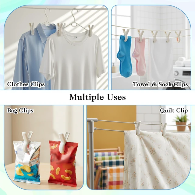 Alt view image 7 of 7 - 60 Pcs Beach Towel Clips, Heavy Duty Plastic Clothes Pins with Strong Grip, Windproof Laundry Clothespins for Blankets and Hanging Rack White
