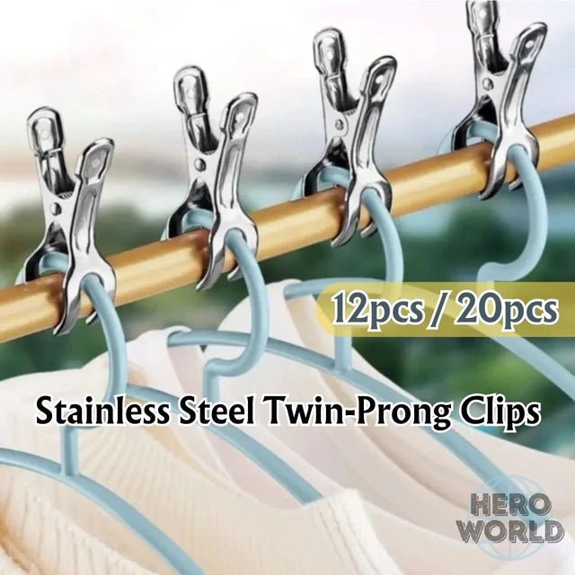 Alt view image 2 of 7 - Stainless Steel Windproof Laundry Clips Heavy-Duty Clothes Pins Rust-Resistant Twin-Prong Towel & Bath Towel Clips (12, 3.5")