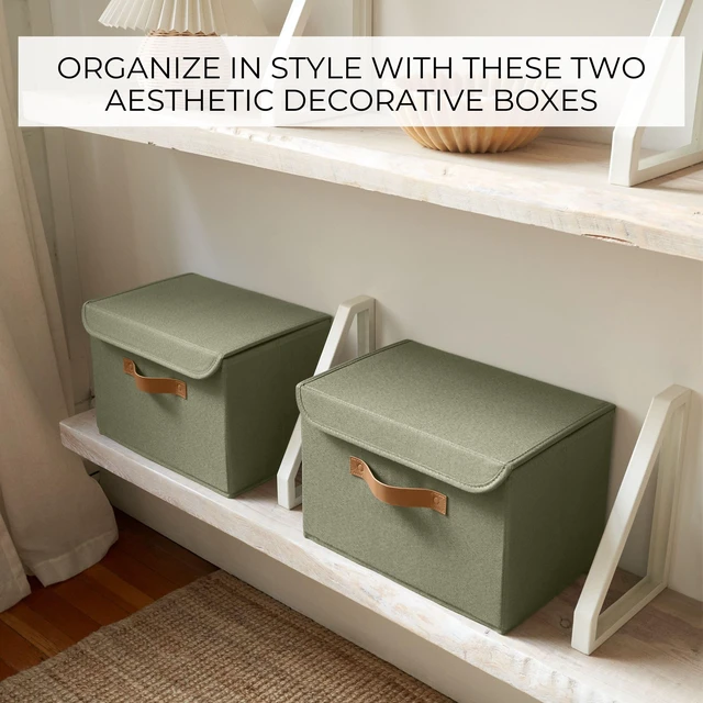 Alt view image 5 of 7 - Decorative Linen Storage Boxes with Lids - Large Set of 2 Organizer Bins | The Perfect Container for Home Decor - Safely Store Photos, Documents and Memory Box Keepsakes in Style