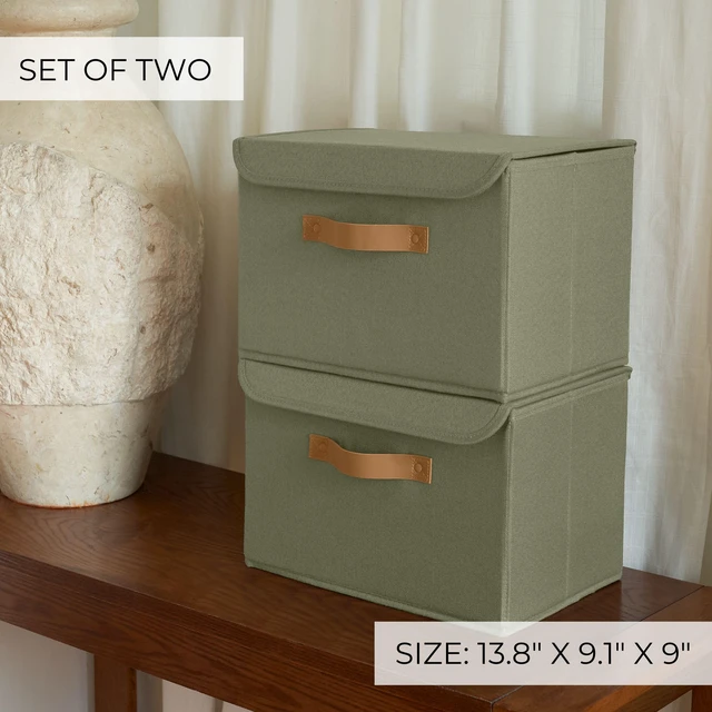 Alt view image 6 of 7 - Decorative Linen Storage Boxes with Lids - Large Set of 2 Organizer Bins | The Perfect Container for Home Decor - Safely Store Photos, Documents and Memory Box Keepsakes in Style