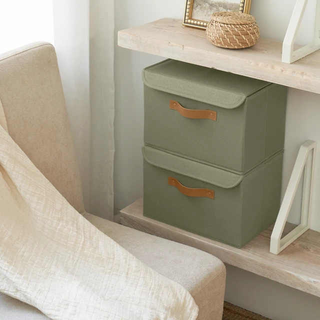 Alt view image 7 of 7 - Decorative Linen Storage Boxes with Lids - Large Set of 2 Organizer Bins | The Perfect Container for Home Decor - Safely Store Photos, Documents and Memory Box Keepsakes in Style